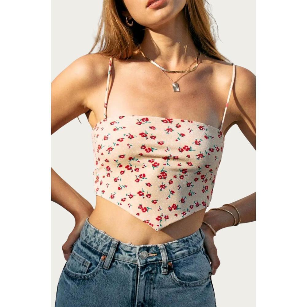 NEW ENDLESS BLU. floral stretch-crepe handkerchief top in beige